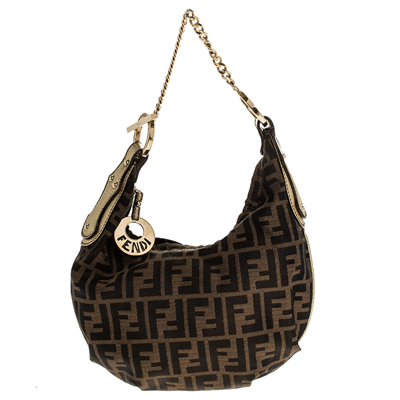 Pre-owned Fendi Brown/gold Zucca Canvas And Leather Chef Chain Link Hobo