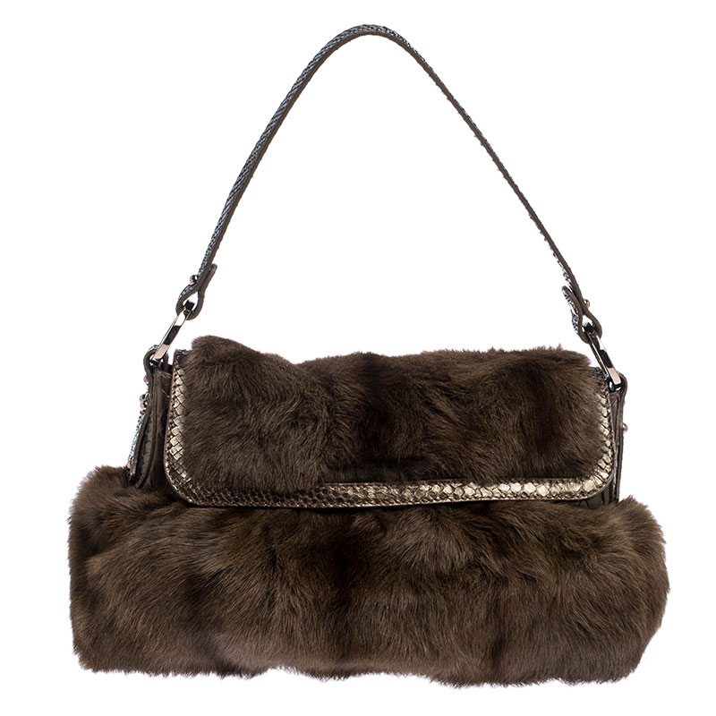 Pre-owned Fendi Brown Fur Python Trim Chef Shoulder Bag