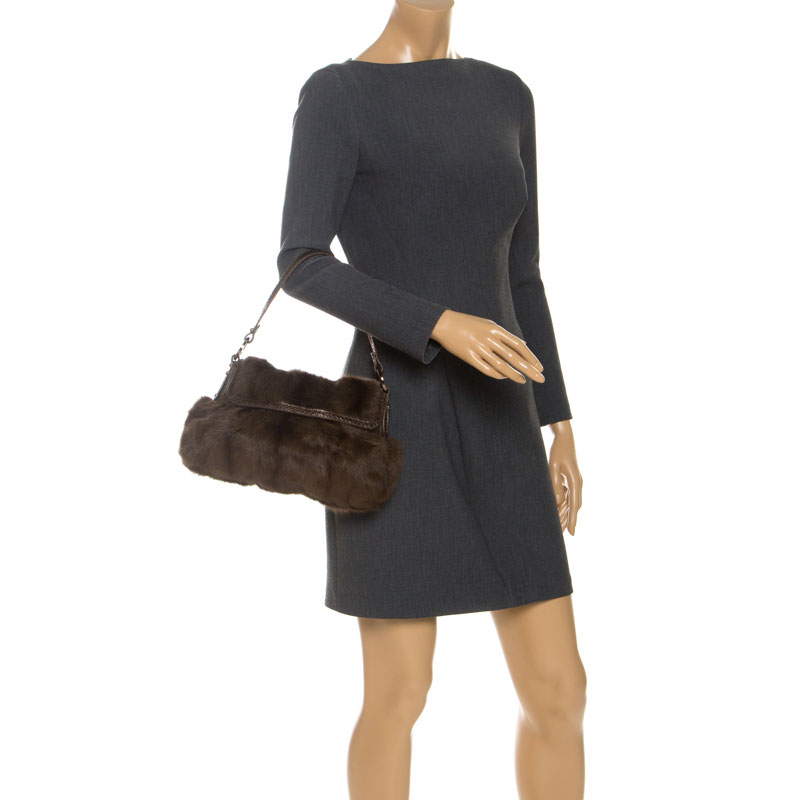 

Fendi Brown Fur Python Trim Chef Shoulder Bag