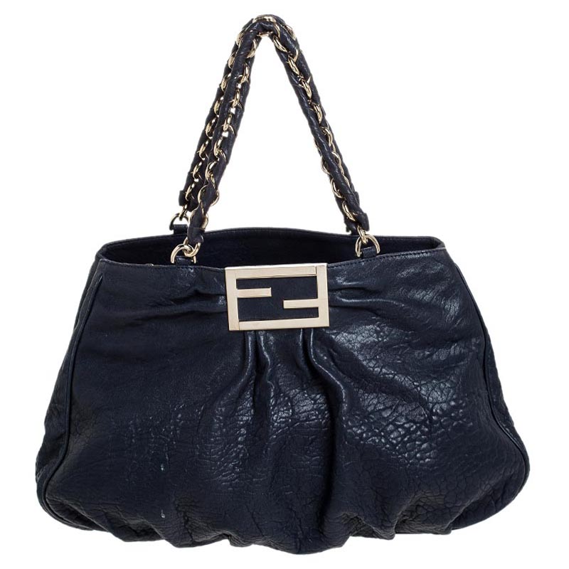 Fendi Navy Blue Pebbled Leather Large Mia Shoulder Bag