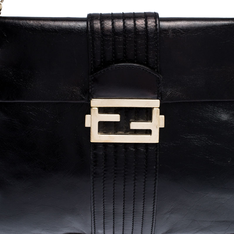 Pre-owned Fendi Black Leather Maxi Baguette Flap Shoulder Bag