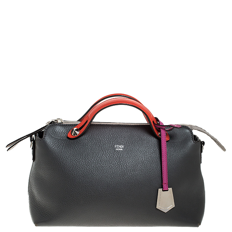 Pre Owned Fendi Grey/Orange Leather By The Way Boston Bag 