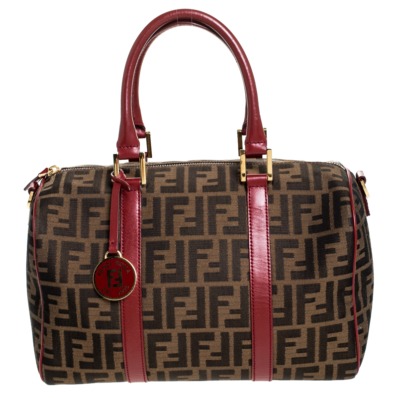 Pre Owned Fendi Tobacco Zucca Red Lining Canvas Medium Forever Bauletto Boston Bag