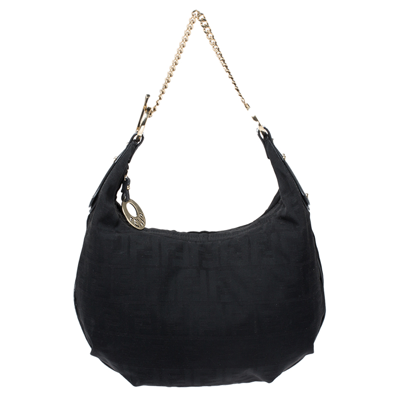 Fendi Black Zucca Canvas and Leather Chef Chain Link Hobo