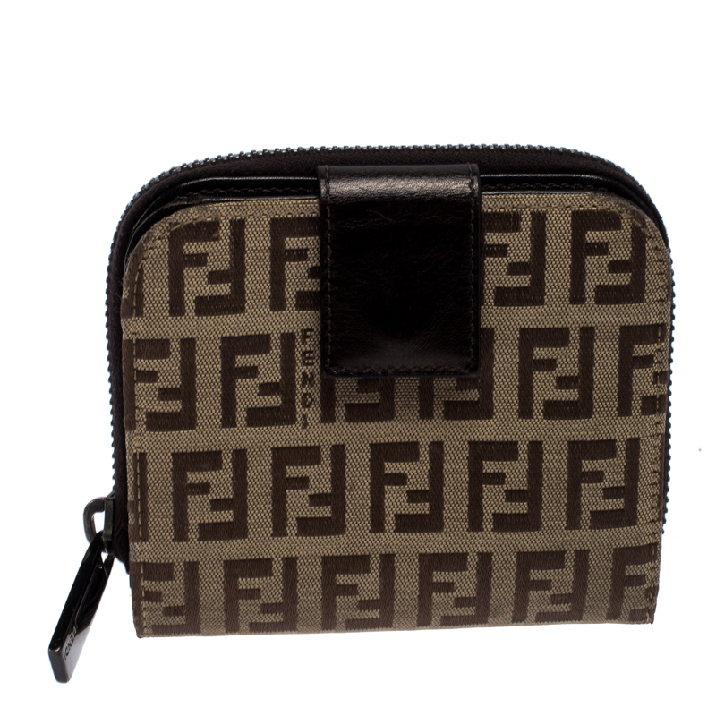 Pre Owned  Fendi Brown/Beige Zucchino Canvas Zip Around Compact Wallet 