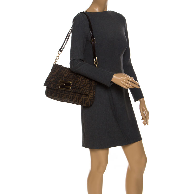 

Fendi Tobacco Zucca Canvas and Patent Leather Mia Flap Bag, Brown