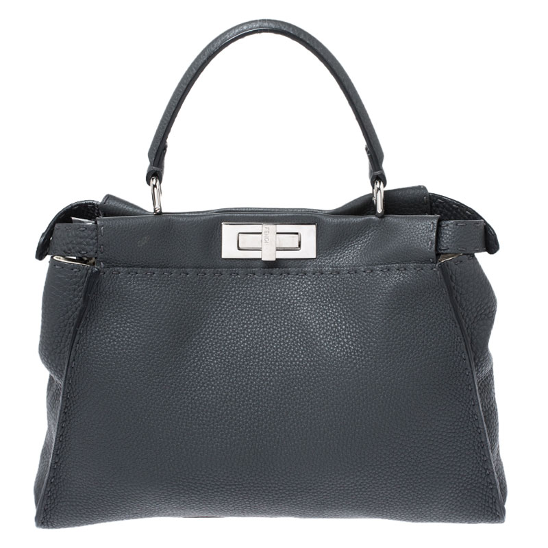 Pre Owned Fendi Grey Selleria Leather Medium Peekaboo Top Handle Bag
