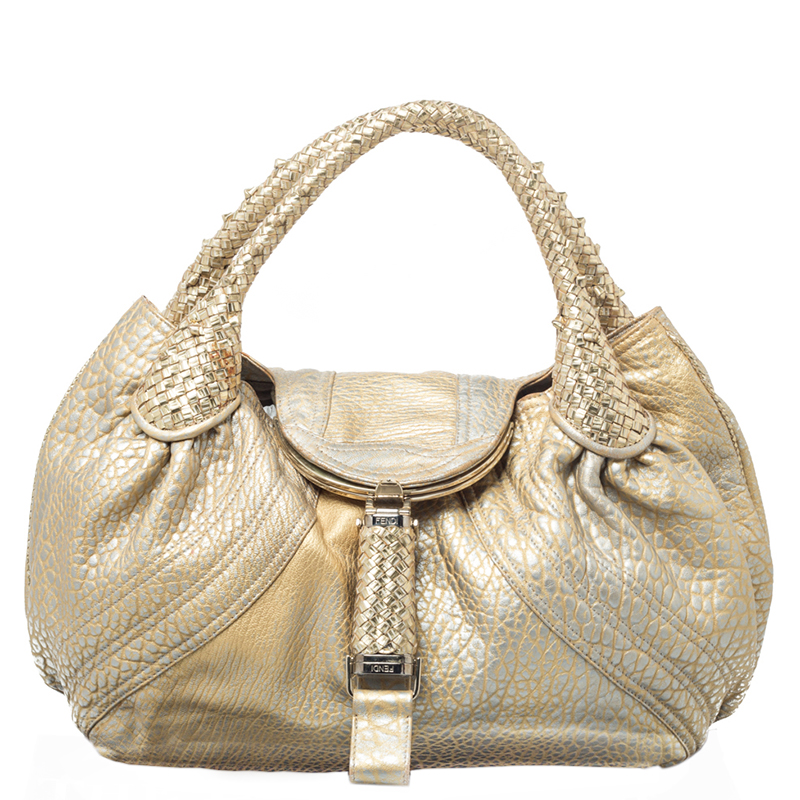 Pre Owned Fendi Gold Holographic Textured Leather Spy Bag