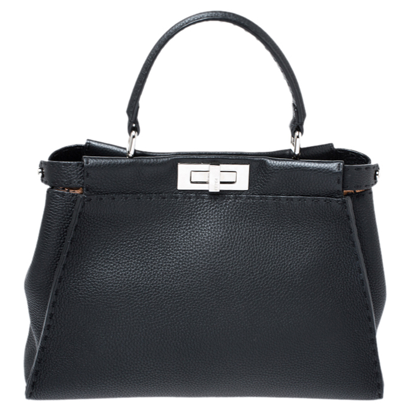 Pre Owned Fendi Black Selleria Leather Medium Peekaboo Top Handle Bag