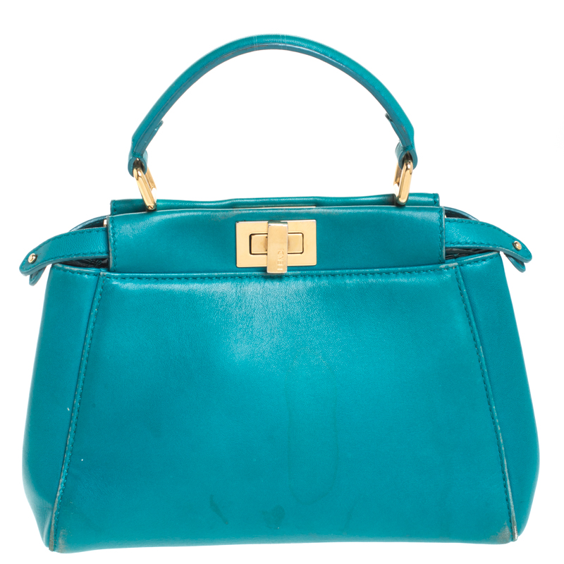 Pre-owned Fendi Turquoise Leather Mini Peekaboo Top Handle Bag In Green