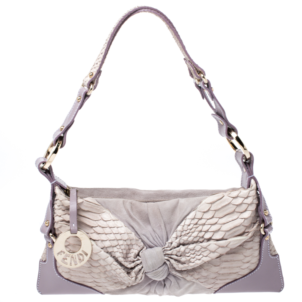 Click to view more detailed imagery on our partner's website Fendi Lavender Python, Suede And Leather Knot Shoulder Bag In Purple