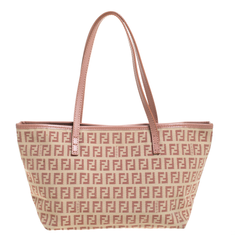 Pre-owned Fendi Light Pink/beige Zucchino Canvas And Leather Tote