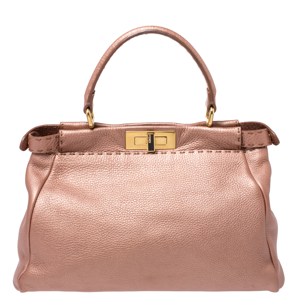 Pre-owned Fendi Metallic Pink Seleria Leather Medium Made To Order Peekaboo Top Handle Bag