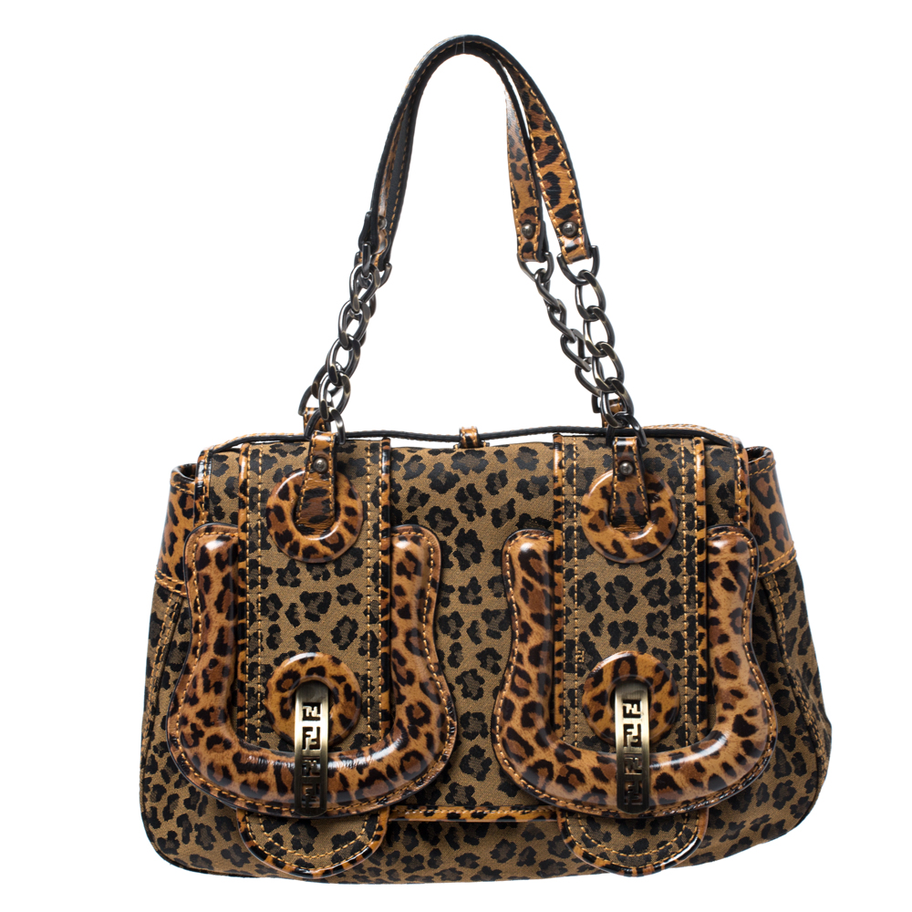 Pre-owned Fendi Brown/black Leopard Print Fabric And Leather B Shoulder Bag