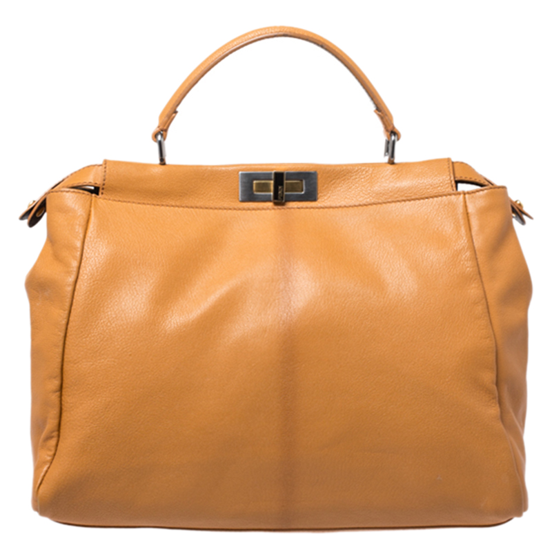 Pre-owned Fendi Mustard Yellow Leather Large Peekaboo Top Handle Bag
