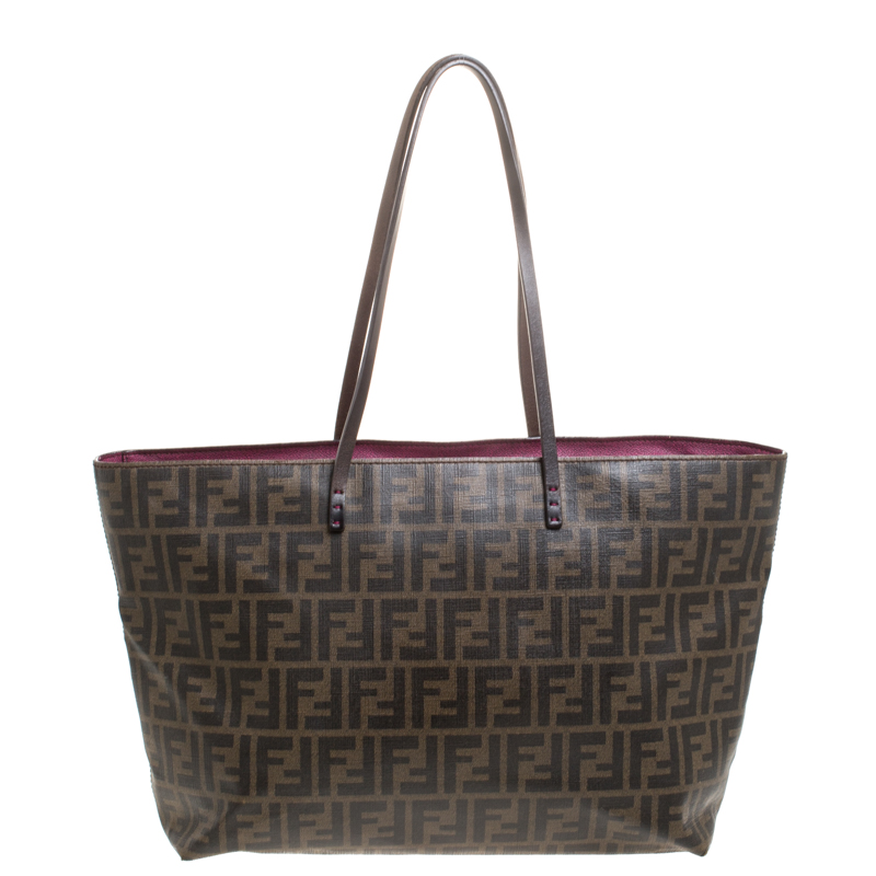 Pre Owned Fendi Tobacco Zucca Coated Canvas Large Roll Tote