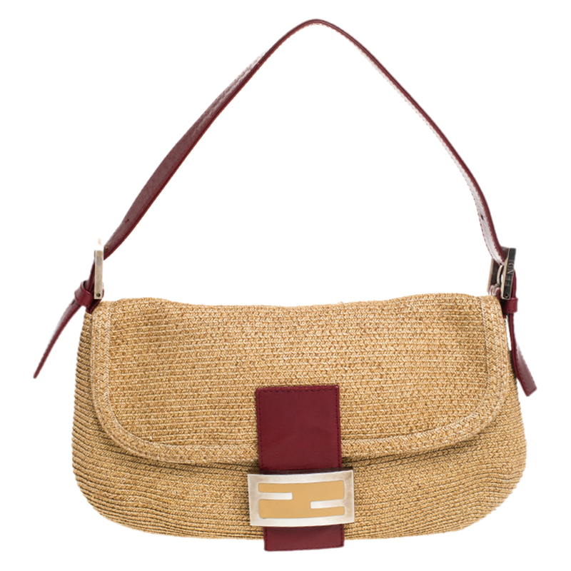 Pre Owned Fendi Red Raffia Small Baguette 