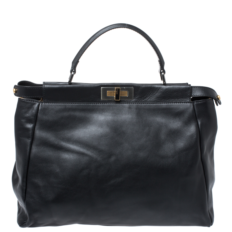 Pre Owned Fendi Black Leather Large Peekaboo Top Handle Bag