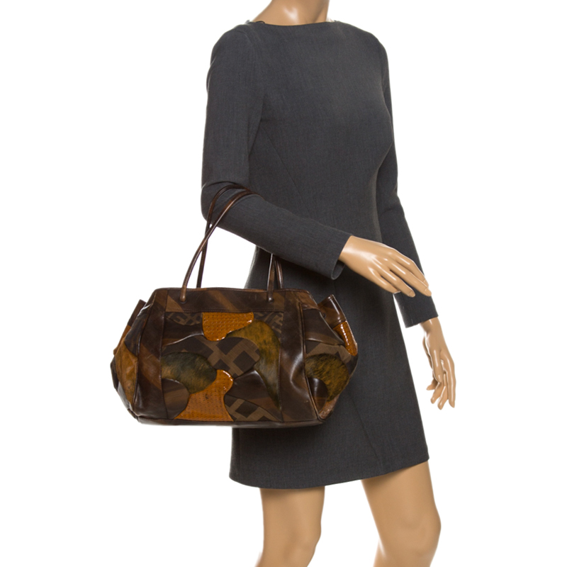 

Fendi Brown Zucca Canvas,Leather and Fur Patchwork Shoulder Bag