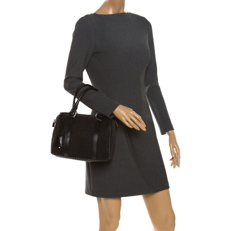 

Fendi Black Zucchino Canvas and Patent Leather Bauletto Bowler Bag