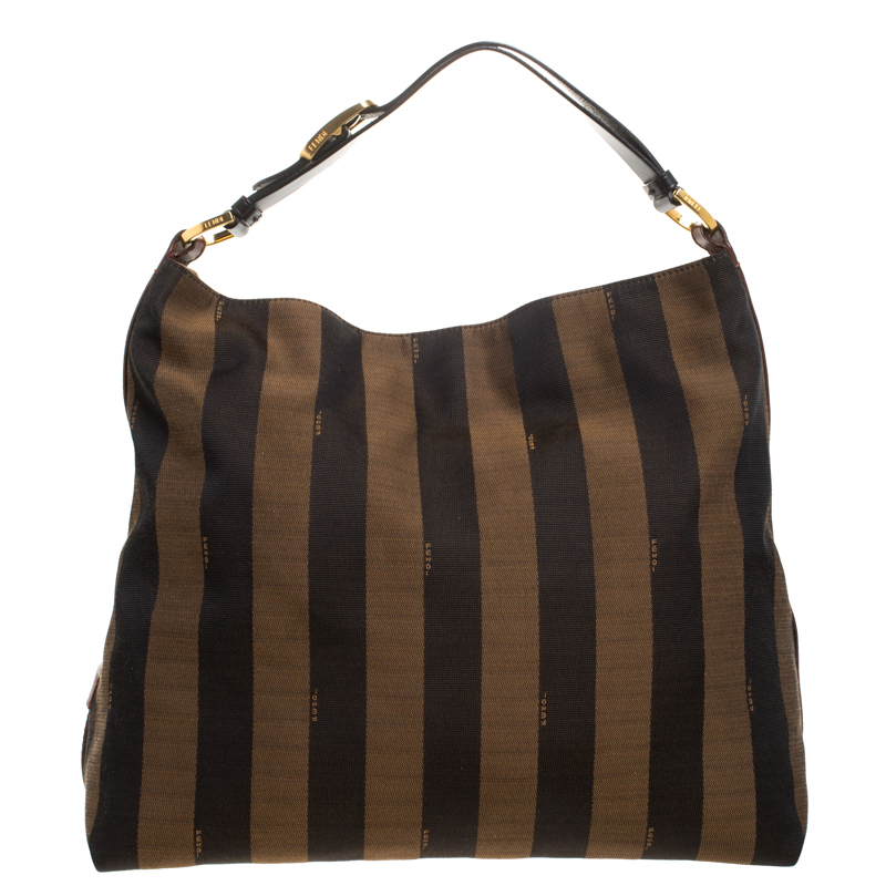 Pre Owned Fendi Tobacco/Black Canvas and Leather Large Pequin Striped Hobo