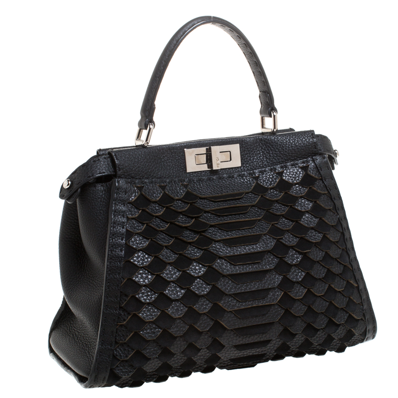 Fendi Black Lasercut Selleria Leather Small Peekaboo Top Handle Bag