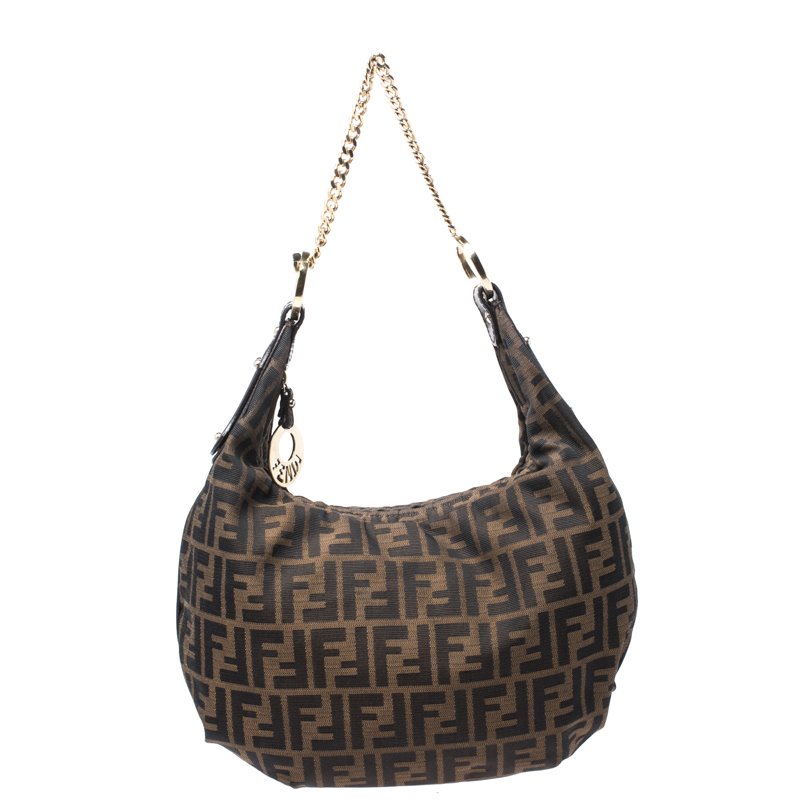 Pre-owned Fendi Tobacco Zucca Canvas Large Chef Chain Hobo In Brown