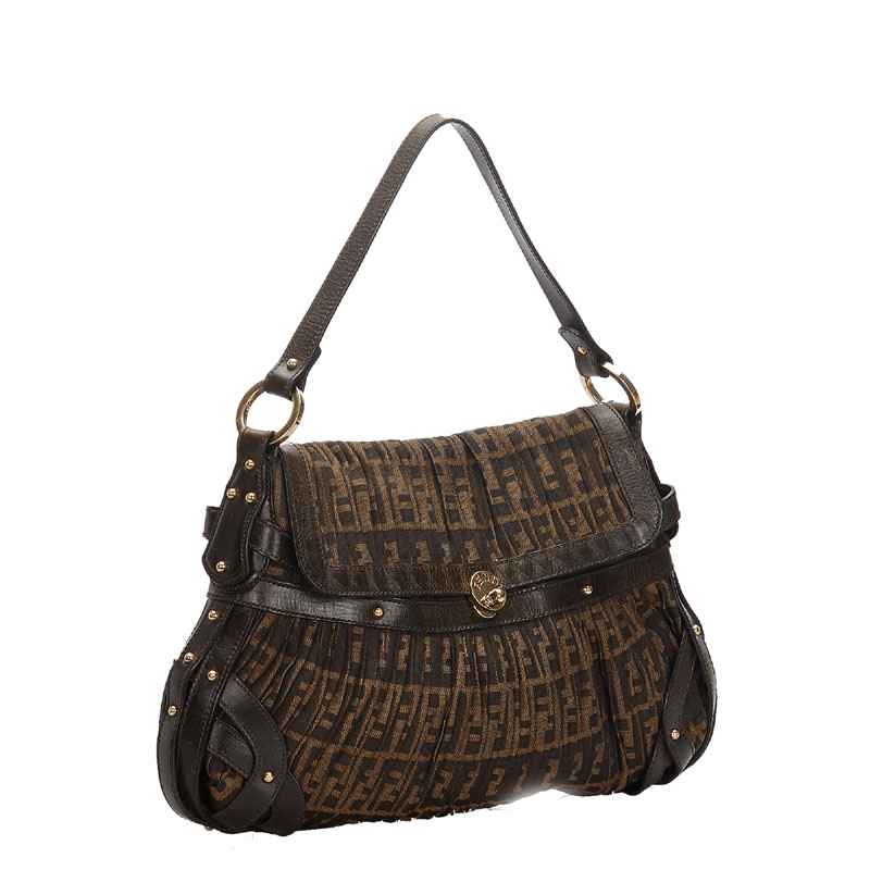 

Fendi Brown Zucca Pleated Canvas Flap Shoulder Bag
