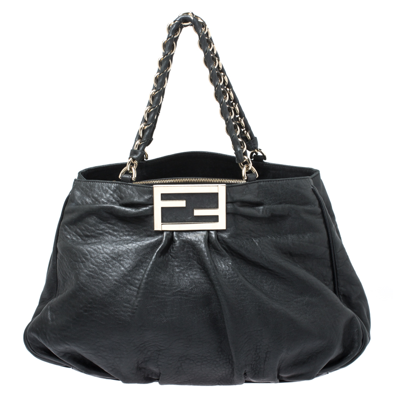 Pre Owned Fendi Black Pebbled Leather Large Mia Shoulder Bag