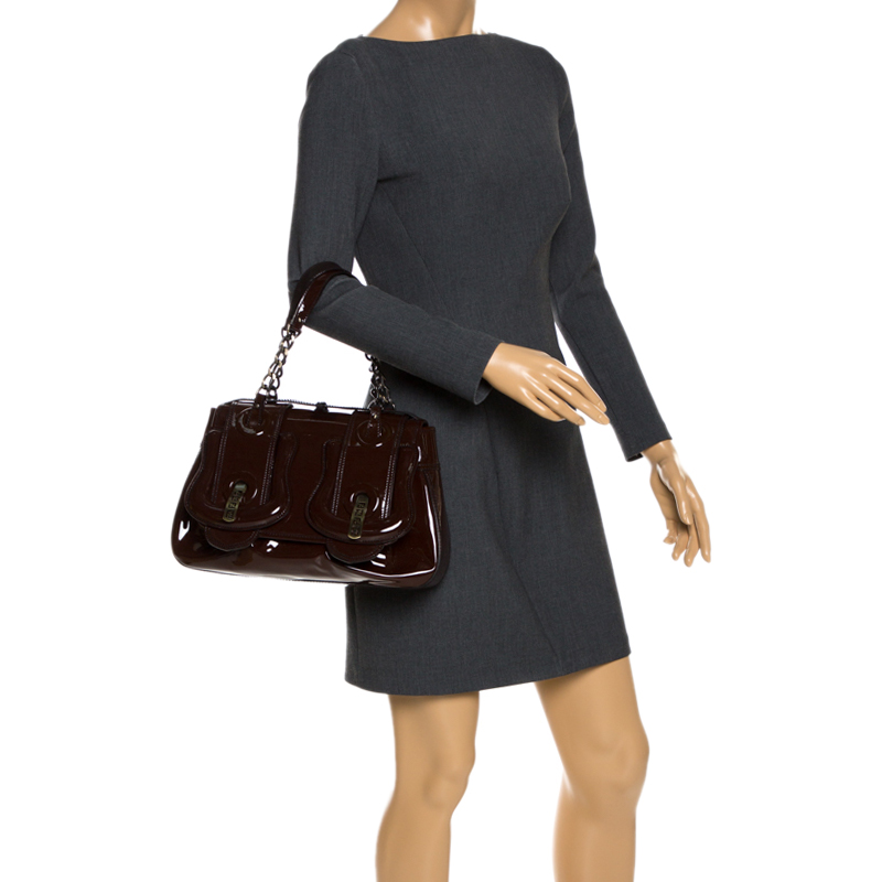 

Fendi Dark Brown Patent Leather B Shoulder Bag
