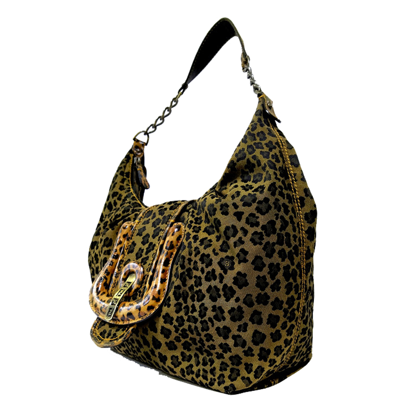 

Fendi Brown Leopard Print Canvas B Buckle Hobo Bag