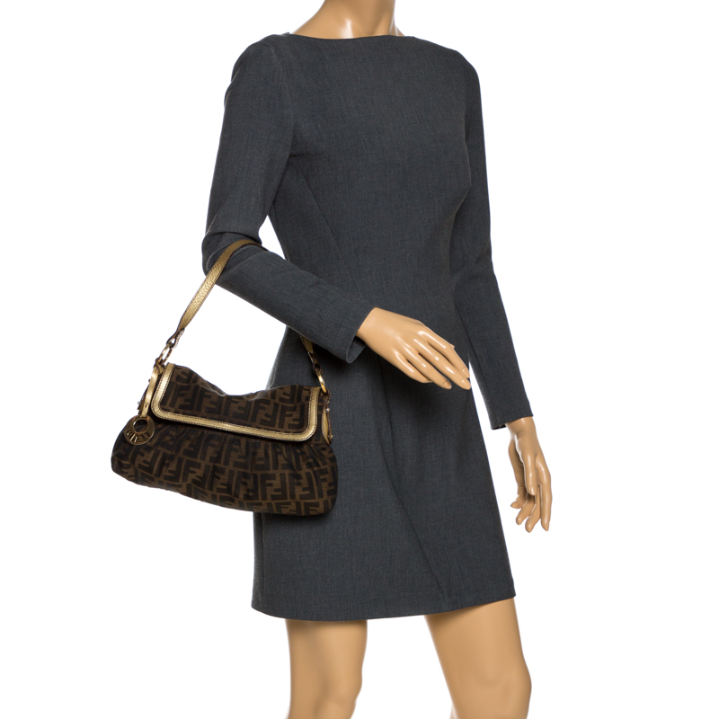

Fendi Gold/Tobacco Zucca Canvas and Leather Chef Shoulder Bag, Brown