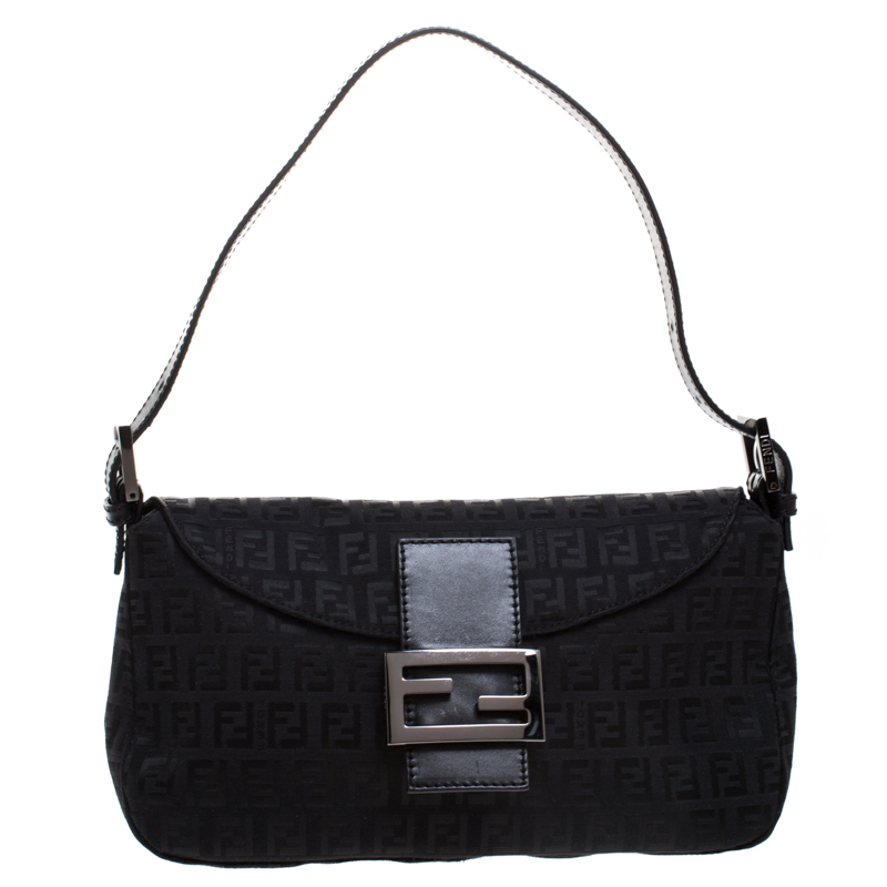 Pre Owned Fendi Black Zucchino Canvas and Leather Mama Baguette Bag