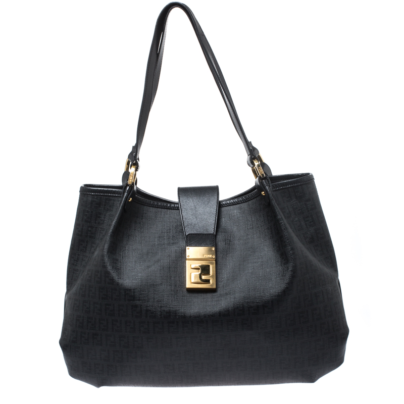 Pre-owned Fendi Black Zucchino Coated Canvas And Leather Chiusura Tote