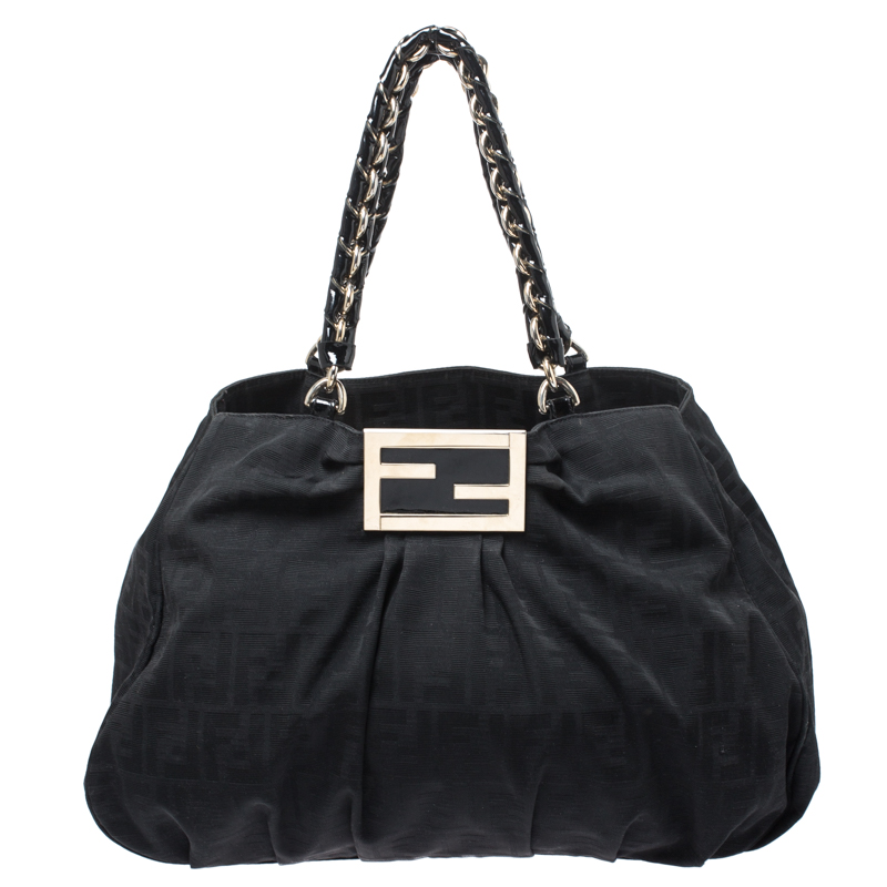 Pre-owned Fendi Black Zucca Canvas Large Mia Shoulder Bag