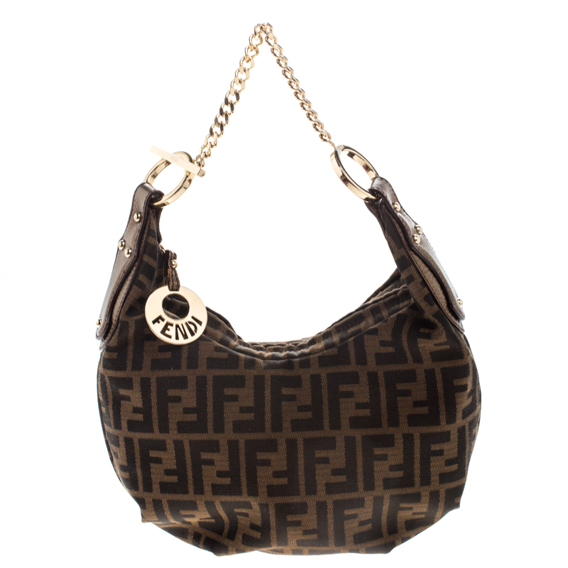 Pre Owned Fendi Brown/Gold Zucca Canvas and Leather Chef Chain Link Hobo