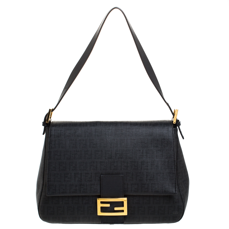 Pre Owned Fendi Black Zucchino Coated Canvas and Leather Mama Forever Shoulder Bag
