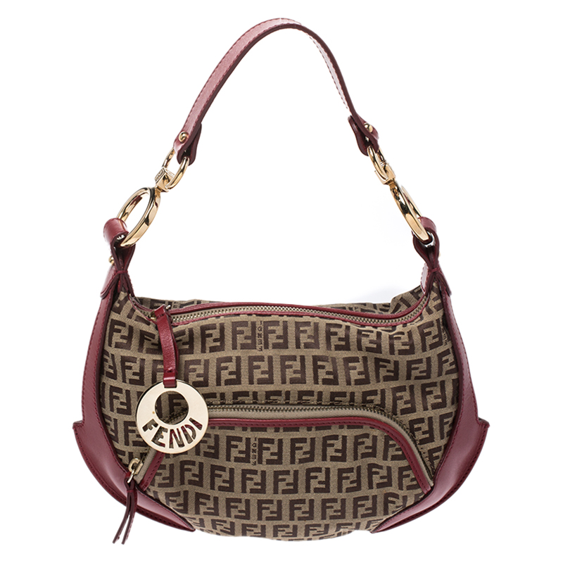 Pre-owned Fendi Brown/red Zucchino Canvas Chef Hobo Bag | ModeSens