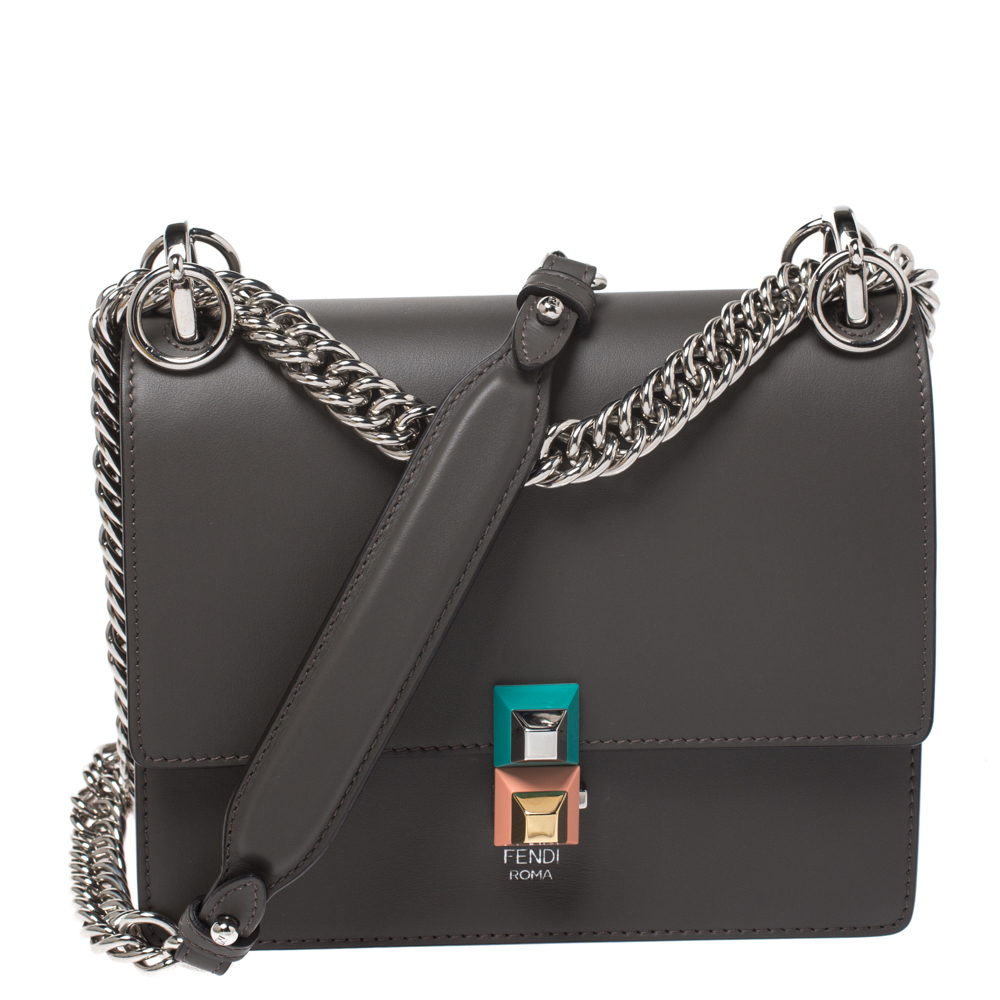 Pre Owned Fendi Dark Grey Leather Small Kan I Shoulder Bag