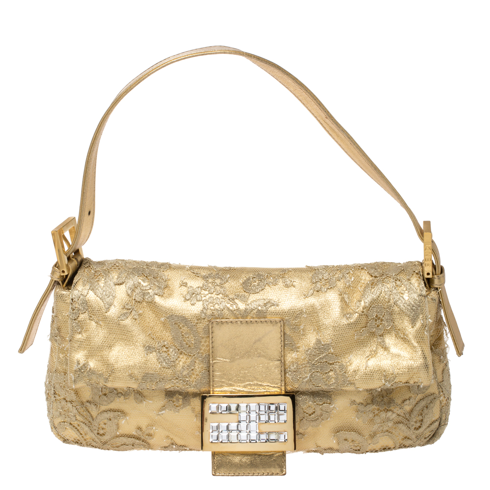 Pre-owned Fendi Metallic Gold Leather And Lace Crystal Embellished Baguette Shoulder Bag
