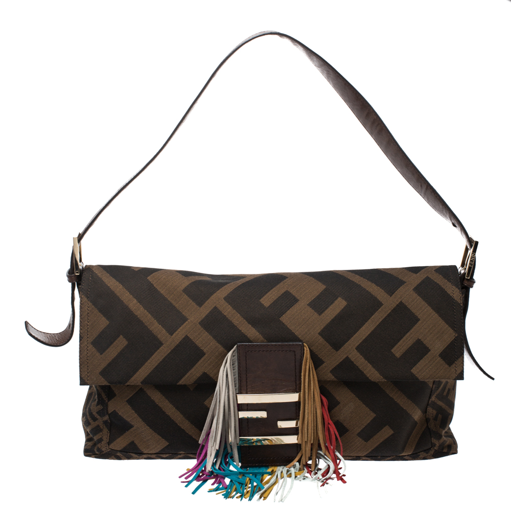 Fendi Tobacco Zucca Canvas Multicolor Fringe Baguette