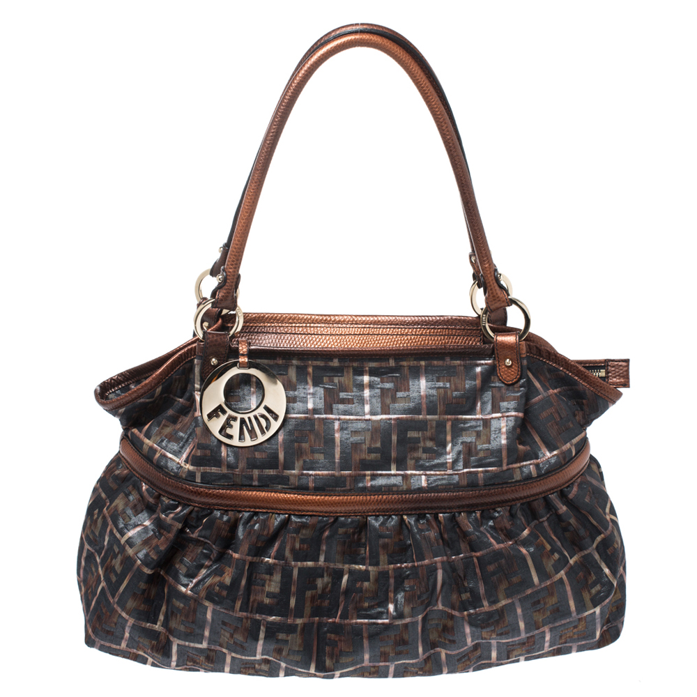 Pre-owned Fendi Dark Grey/bronze Zucca Nylon And Lizard Embossed Leather Trim Large Chef Tote