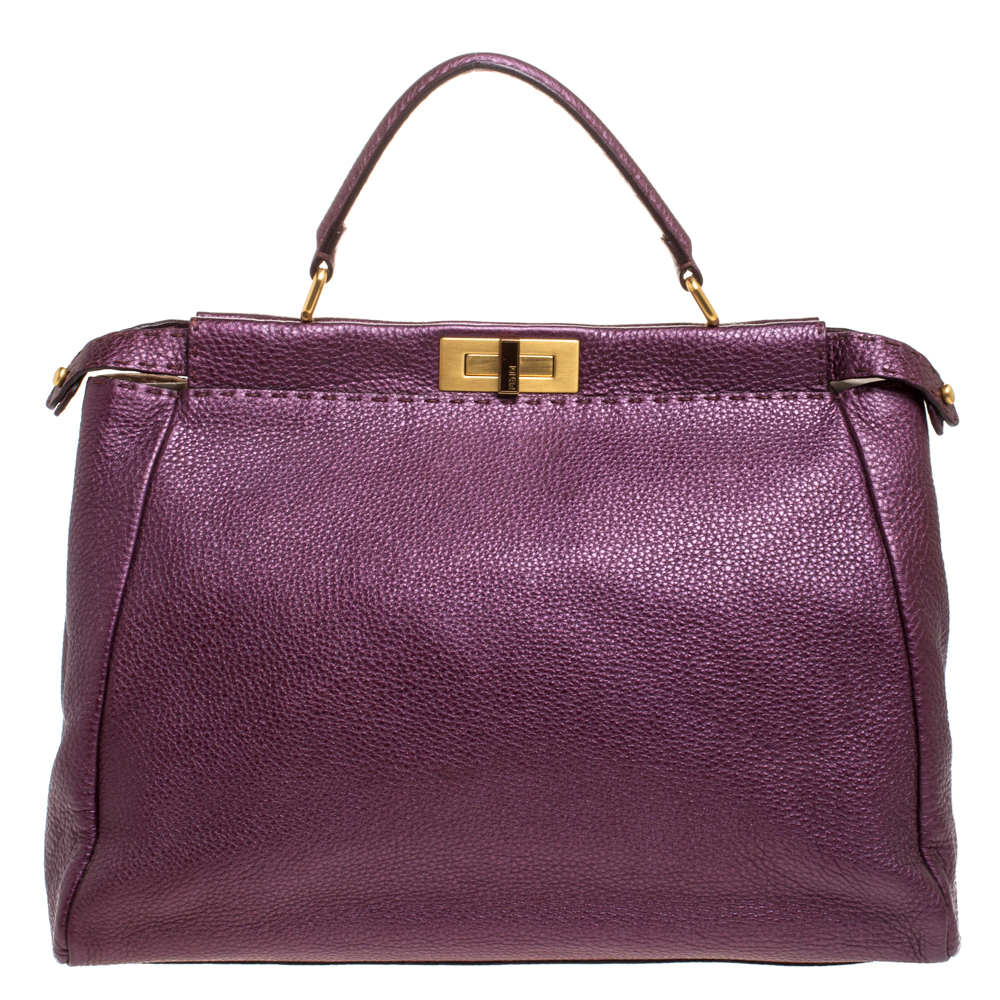 Pre-owned Fendi Purple Selleria Leather Large Peekaboo Top Handle Bag