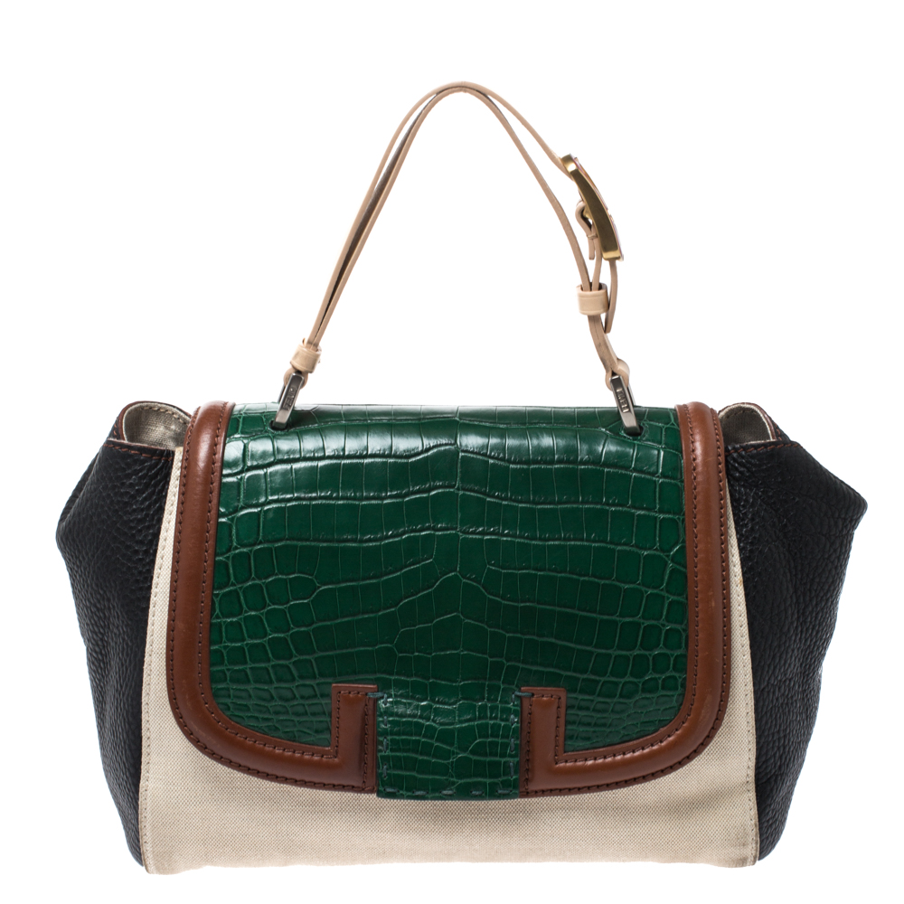 Pre-owned Fendi Multicolor Crocodile And Canvas Silvana Top Handle Bag