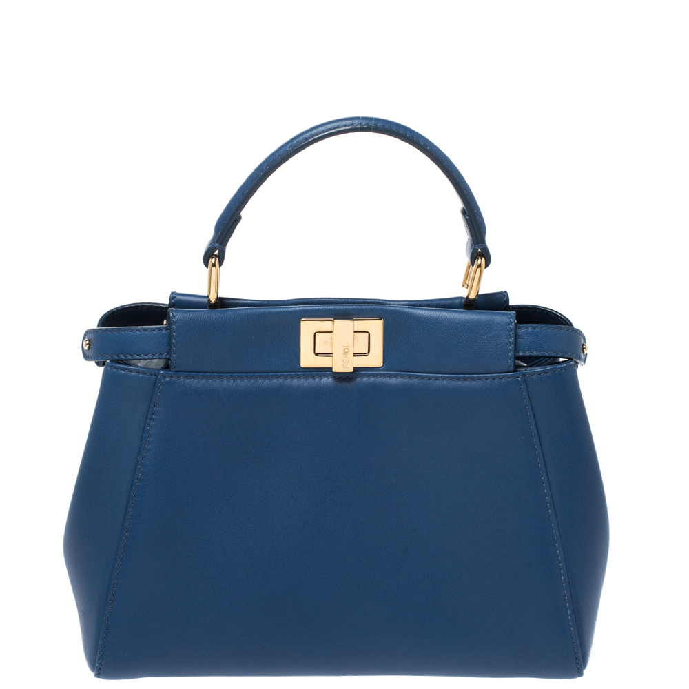 Pre Owned Fendi Blue Leather Mini Peekaboo Top Handle Bag