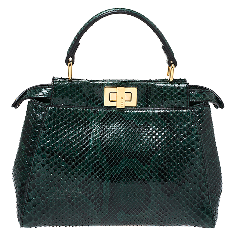 Pre Owned Fendi Green Python Mini Peekaboo Top Handle Bag