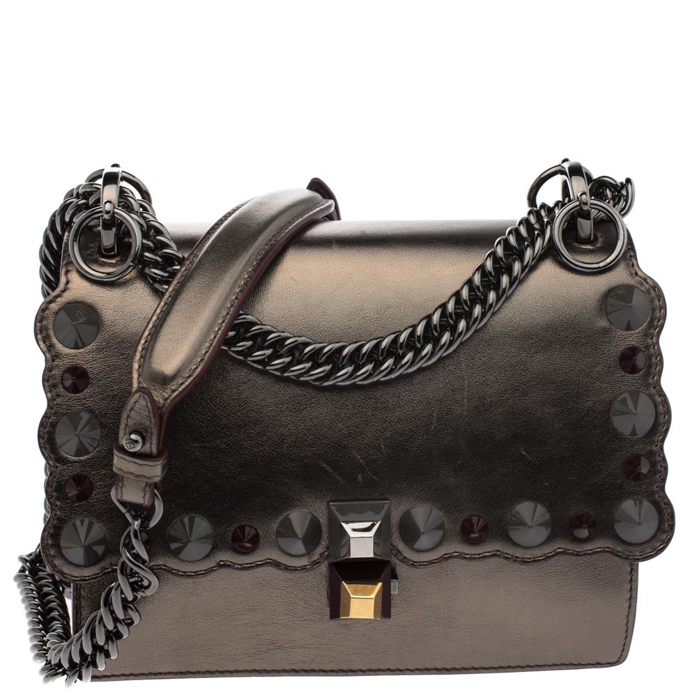 Pre-owned Fendi Metallic Leather Studded Mini Kan I Chain Shoulder Bag
