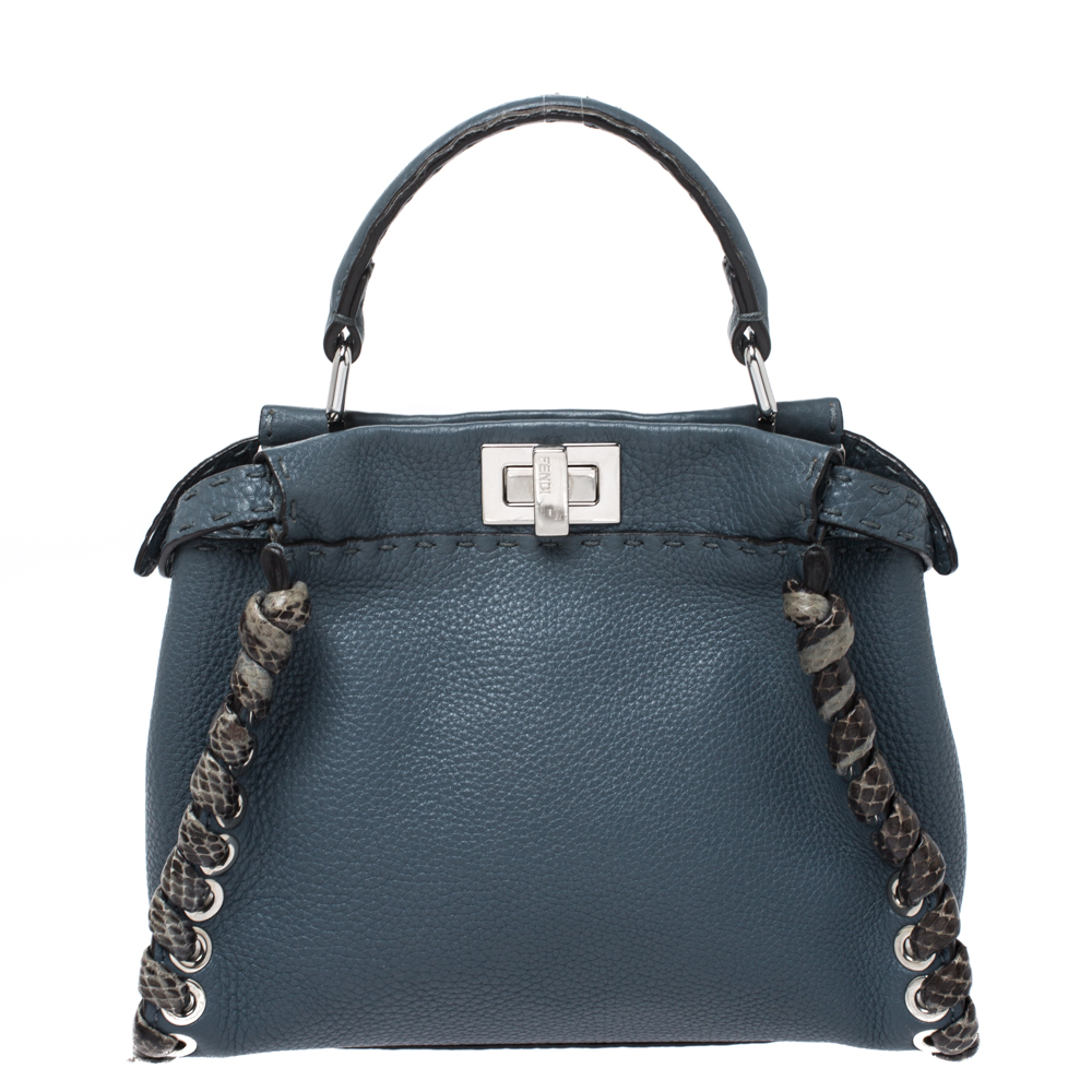 Pre Owned Fendi Blue Selleria Leather and Python Mini Peekaboo Top Handle Bag