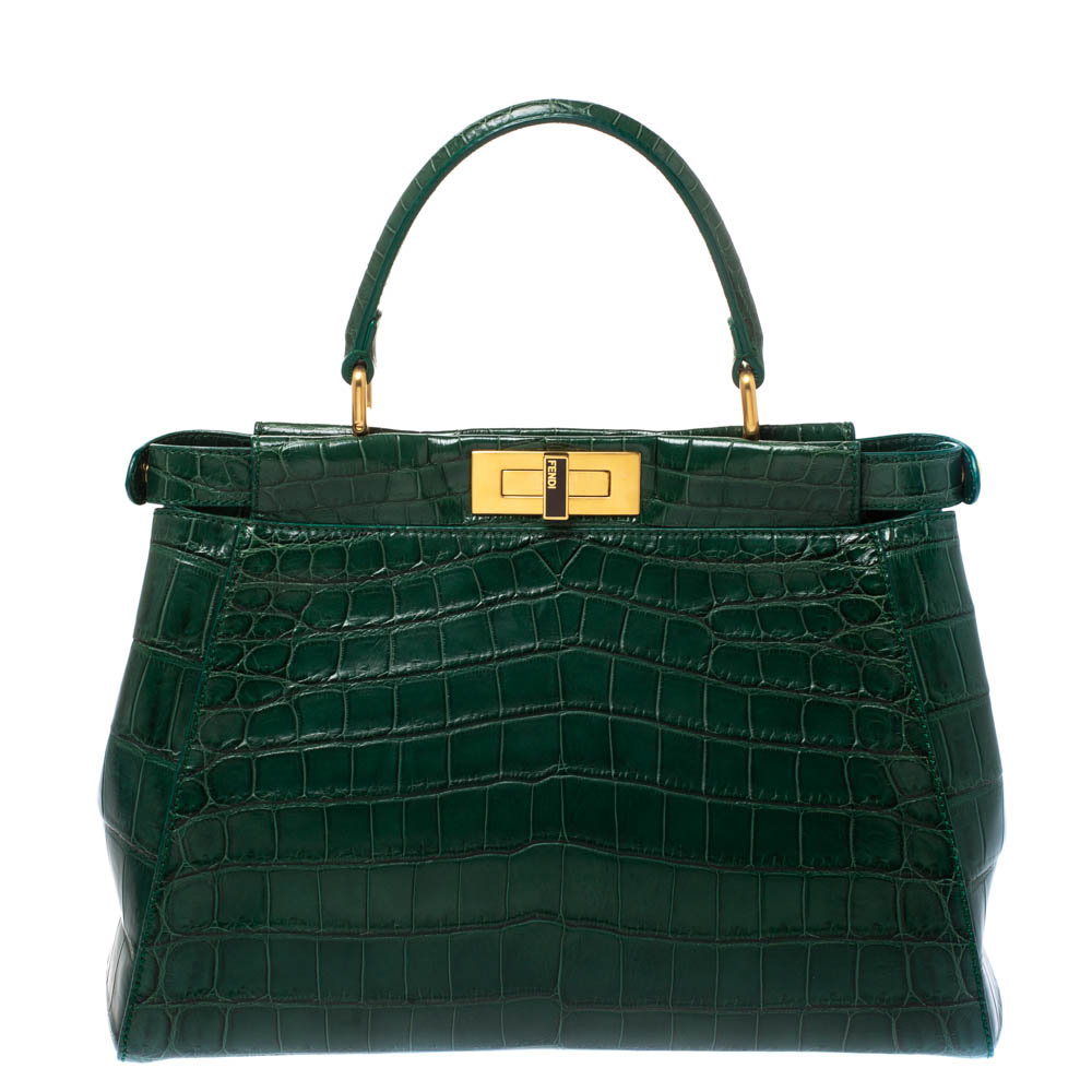 Pre Owned Fendi Green Crocodile Medium Peekaboo Top Handle Bag