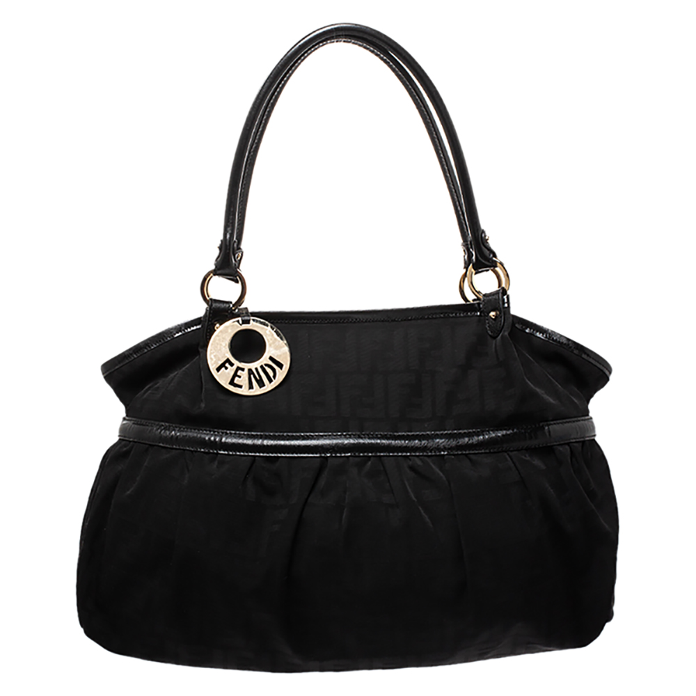 Pre Owned Fendi Black Zucca Canvas and Leather Large Chef Tote